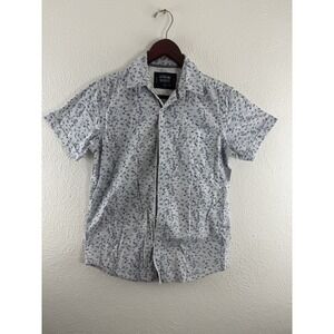 Monument‎ Floral Print Cotton Short Sleeve Button-up Dress Shirt Blue  Size S